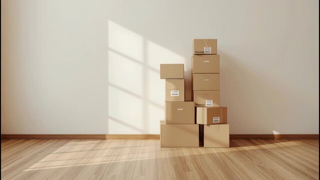 Moving boxes stacked cardboard box sunlit empty room wooden floor soft shadow moving boxes stacked