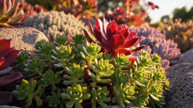 Close-up of vibrant red and green succulent plants growing among rocks in warm sunlight
