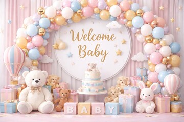 Baby shower celebration with balloons, bears, cake, and gifts in a festive setting for a welcoming baby party. concept of joyful event, celebration atmosphere, baby arrival.