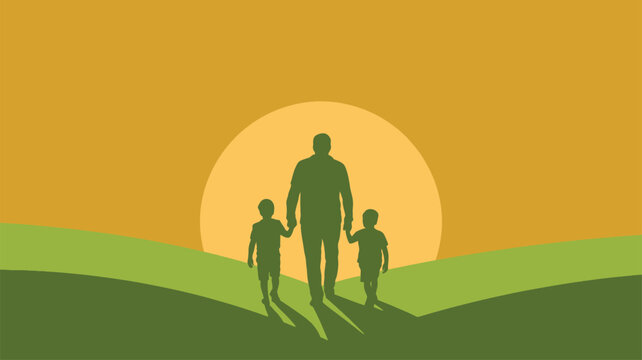 Father two sons sunset silhouette