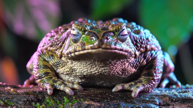 Closeup of a large textured toad with bumpy skin and prominent eyes sitting on a mossy log illuminated by colorful ambient lighting.