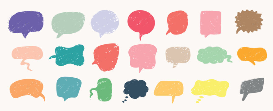 Large set of colorful hand-drawn speech bubbles in grunge chalk style. Vector collection of empty comic clouds, thought bubbles and chat frames isolated on white background for design, social media an