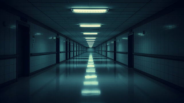 Empty prison corridors with flickering fluorescent lights, dull, dim, plain