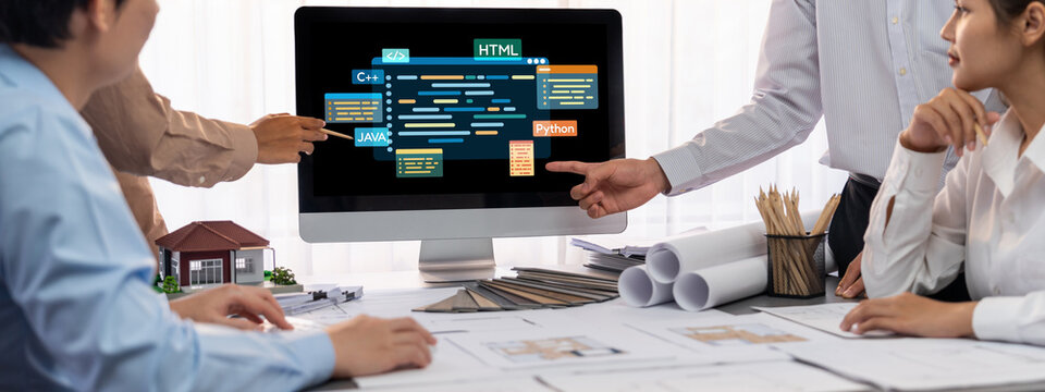 Software development or programming work with coding screen of various programming languages like HTML, , , and C brisk for new application development