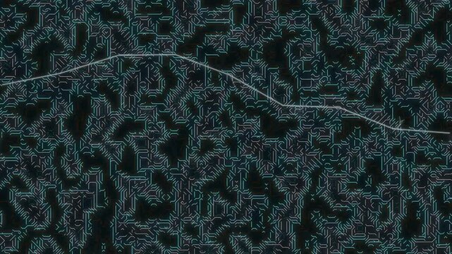 Close-up view of a dark background with intricate teal patterns and a thin white line running across.