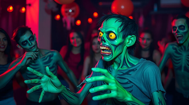 Friendly Zombie Having Fun Learning to Dance at Spooky Halloween Party