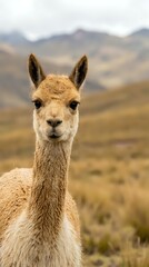 Fototapeta premium Young vicuña portrait with alert expression standing in Andean highland landscape with blurred mountain backdrop for wildlife and nature content.