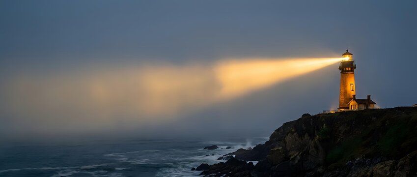 Lighthouse beacon illuminating stormy ocean waves at dusk with dramatic cloudy sky and rocky coastline creating atmospheric maritime safety scene.