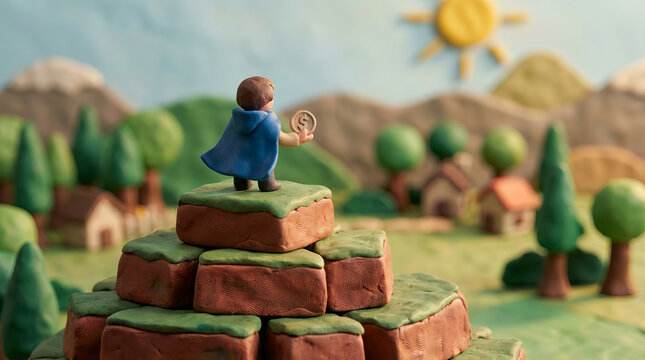 Child figure in blue cape holding coin on clay hilltop with sunny village in background