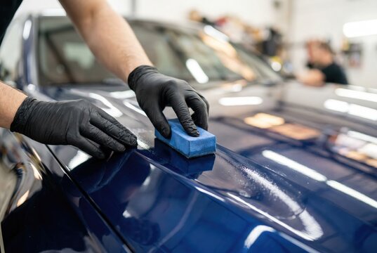 Car detailing specialist applying wax or ceramic coating to a blue car