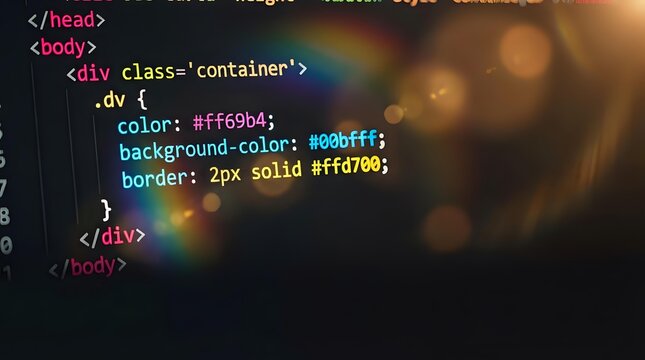 Web development coding screen with HTML and CSS syntax highlighting on dark background with warm bokeh lights for programming projects.