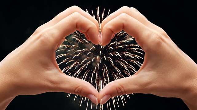Heart Hands Gesture Fireworks Display Celebration Night Sky Happy Holiday Love
