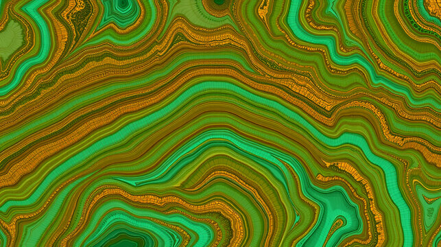 Seamless copper patina colored wavy marble agate stripes background texture. Faded vintage antique abstract jade or malachite mineral gemstone slice pattern. Golden brown and mint green 3D rendering.