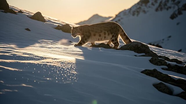 A snow leopard walks across a snow-covered slope against a mountainous backdrop at sunset