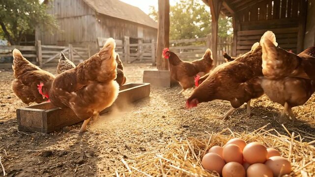 Brown hens pecking grain and fresh farm eggs in a rustic coop during golden hour for sustainable agriculture concept and healthy food