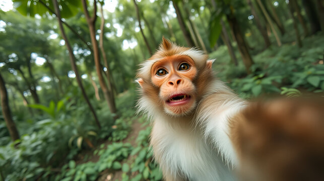 Macaque monkey takes selfie in lush forest, seamless loop, hilarious and adorable wildlife moments