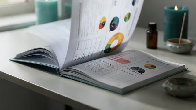 Close medium shot of a mental health press book featuring mood tracking charts surrounded by blurred teal candles and soothing aromatherapy items for a tranquil workspace vibe.