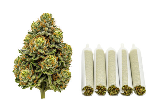 Vibrant green hemp bud with sparkling trichomes and orange pistils, next to five neatly arranged preroll joints on a transparent studio background, high-end product marketing concept