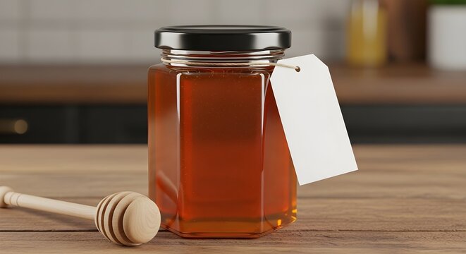 A hexagonal glass jar filled with golden amber honey, featuring a blank white tag tied with twine, sits invitingly on a warm wooden kitchen countertop next to a classic wooden honey dipper, perfect fo