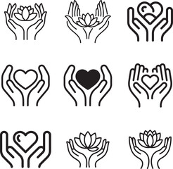 Fototapeta premium Hands holding lotus and heart icons for wellness, care, and peace
