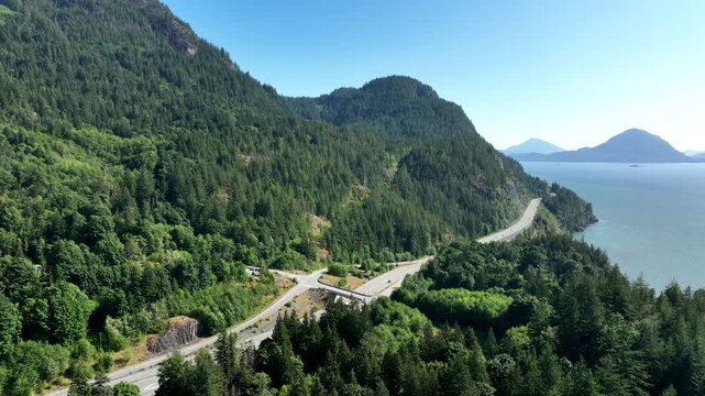 Orbital Aerial of Sea to Sky Highway Interchange Above Howe Sound, British Columbia Canada