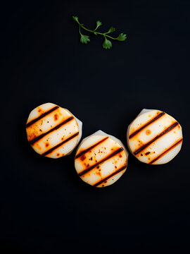 Grilled scallops on a black background top view with copy space