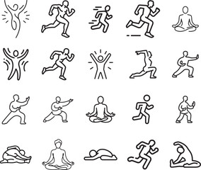 Fitness and healthy lifestyle icons set with people running, stretching, and practicing yoga