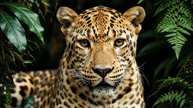 Close-up portrait of powerful wild leopard resting in lush dark tropical jungle looking intense