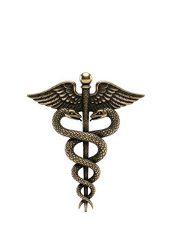 Intricately sculpted aged bronze caduceus symbol with entwined snakes and wings isolated on a brilliant white background. medical heritage concept