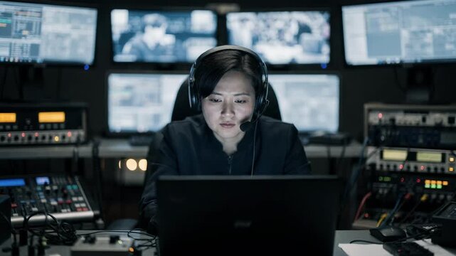 Centered medium shot of an operator monitoring caption feeds during a live broadcast with the surrounding technical gear softly blurred to enhance focus.