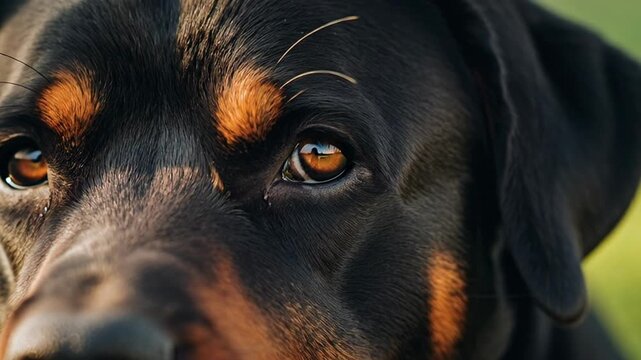 Extreme close up of a black and tan Rottweiler dog's eyes blinking in warm sunlight