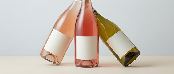 Fototapeta premium Three wine bottles with blank labels in rose, red and white varieties arranged on wooden surface for branding mockup and product presentation.