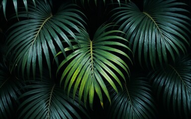 Obraz premium Lush green palm leaves cascade against a dark, tropical backdrop.