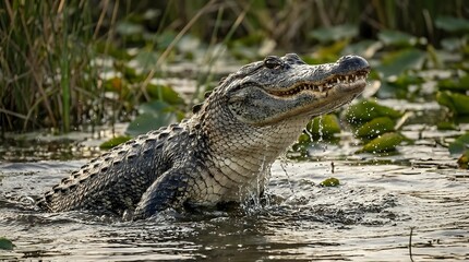 American alligator resting on muddy riverbank in natural wetland habitat with vegetation and water reflections in background.