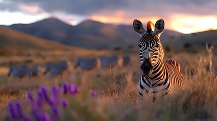 Fototapeta premium Zebra standing in golden grassland with purple wildflowers at sunset, herd grazing in background against mountain landscape in African savanna wilderness.