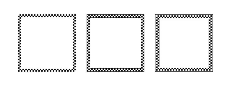 Set of square frames with checkered black and white print isolated on white background. Quadrangular vignettes with chess board, race flag, taxi or police pattern. Vector graphic illistration