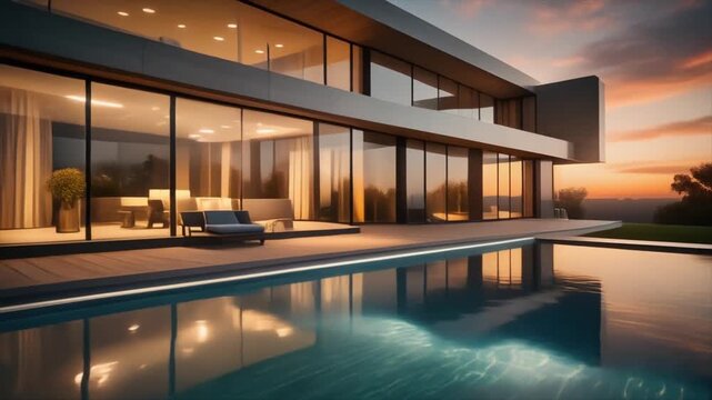 Modern luxury home with infinity pool at sunset modern home luxury house swimming pool