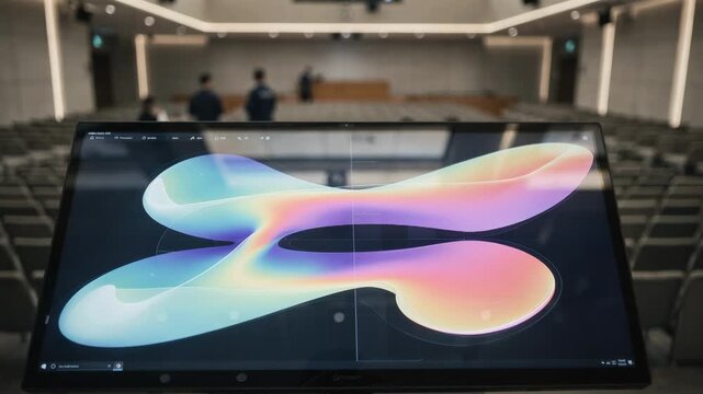 Dynamic medium shot of IoT monitoring dashboard panel in action showing occupancy heat maps and acoustic readings clearly with technicians and auditorium interior softly blurred