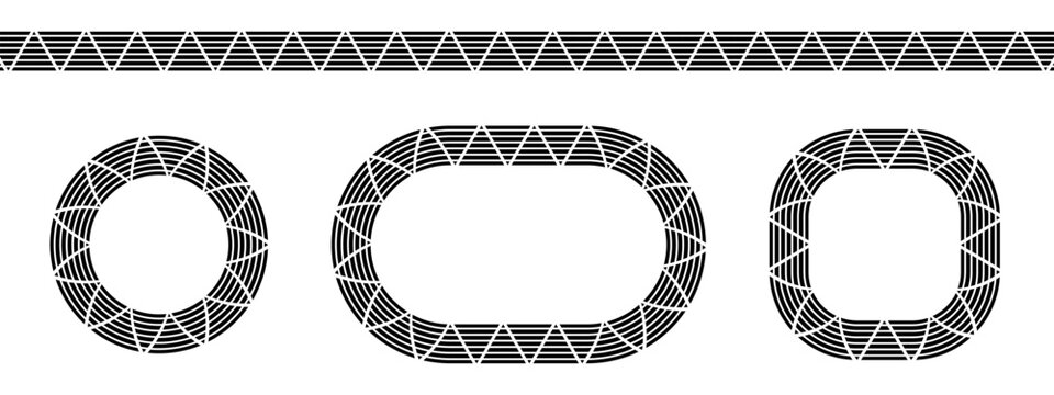 Set of border and round frames with triangular striped ornament in Islamic, African or Mexican style isolated on white background. Fabric decorative elements with streaky motif. Vector illustration.