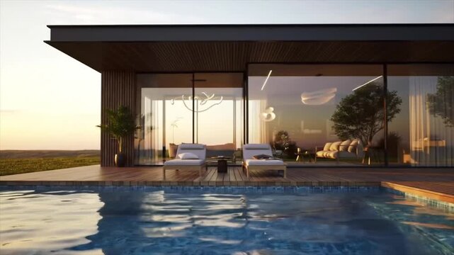 Modern luxury home with pool and deck at sunset modern home