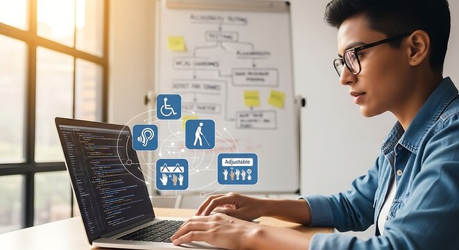 Developer working on accessibility features for a website on his laptop.