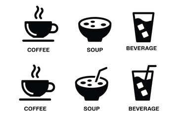 Simple food and drink icon vector set, coffee cup, soup bowl, and beverage glass symbols for restaurant menus, cafe labels, food packaging, and culinary design