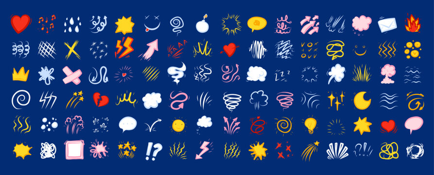 Color comic effect manga elements set on blue background. Fun cartoon doodle icons with explosions, arrows, clouds, motion lines and emotion symbols playful banners, social media layouts book design.