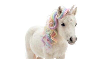 Fototapeta premium White unicorn with rainbow mane isolated on transparent background for fantasy designs, children's products, and magical themed projects.