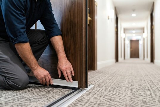 Close up of a handyman or maintenance worker installing a metal door sweep with rubber weather stripping on a wooden hotel room door