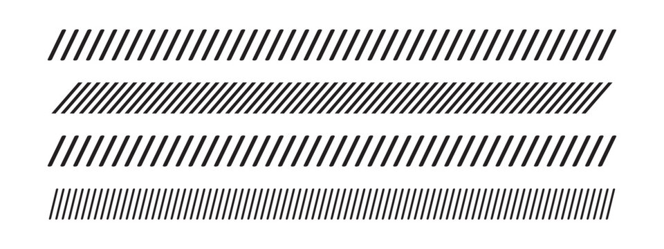 Set of borders with repeated slash lines. Dividers with diagonal parallel stripes. Embroidery ornament with slanted black stitches on white background. Caution tape print. Vector graphic illustration