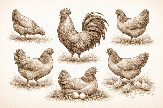 Vintage style rooster and hens illustration set