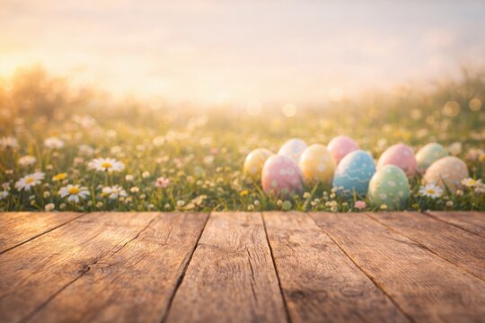 Colorful Easter eggs in a sunny meadow with wooden table