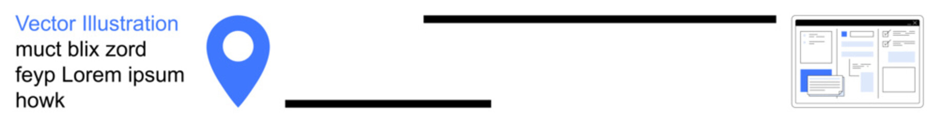 Navigation, website wireframes, content design, digital layout, geolocation, user interface. Blue map pin icon next to placeholder text and website layout. Navigation and website wireframes concept