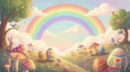 Fototapeta premium Whimsical Easter scene with rainbow, decorated eggs, and mushrooms in a magical landscape